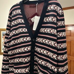 Men's Gucci logo, cotton jacquard cardigan in ink, red and white size XL